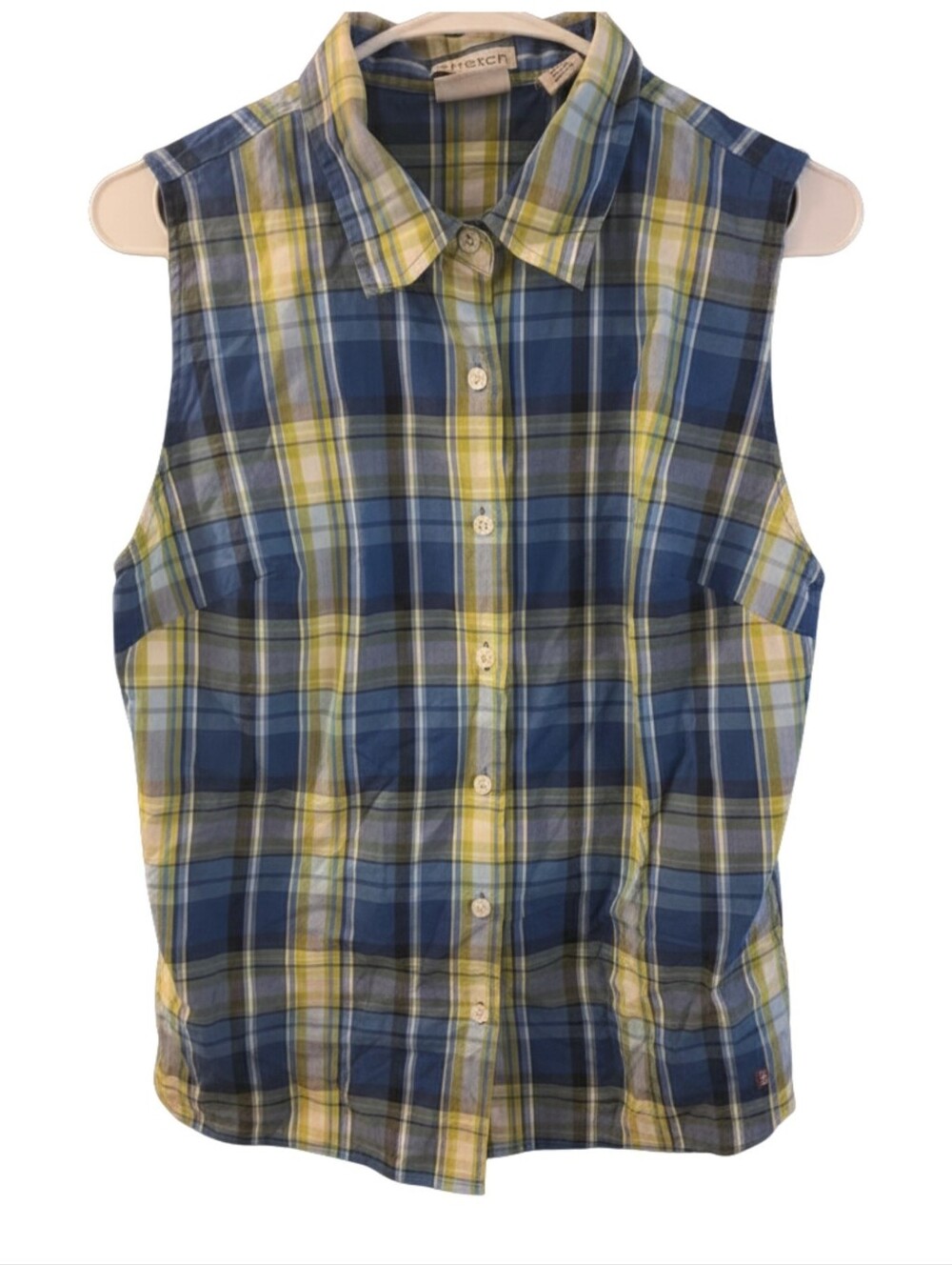 Sleeveless Plaid Button-Down Shirt in Blue & Yellow